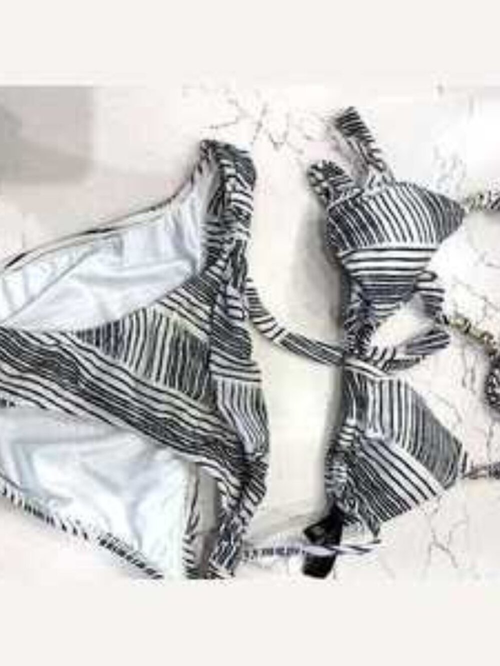 ViX Paula Hermanny Triangle Bikini Set Black White Stripe Gold Beads M/S